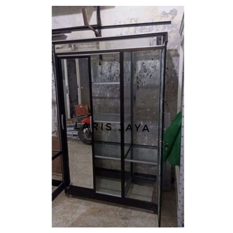 LEMARI BAJU ALUMUNIUM FULL KACA PINTU SLIDING+BUKA TUTUP