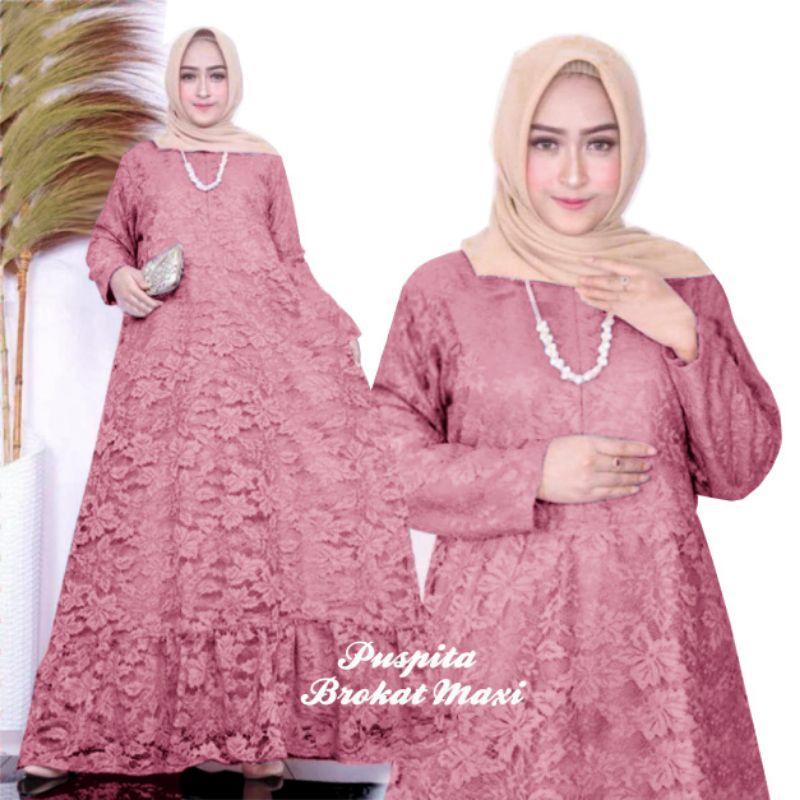 ELDE 5 - Puspita maxi JUMBO dress gamis brukat termurah L XL 3XL 5XL lapis furing seleting depan pinggang blkg karet