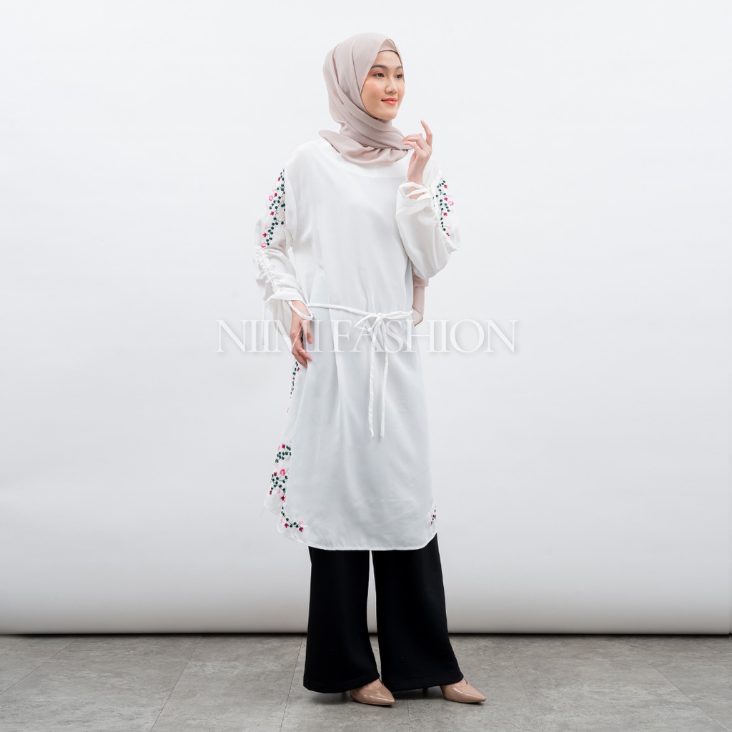 NIMI - Nadine Blouse Putih Midi Dres Putih Bordir Premium Atasan Long Tunik Putih Jumbo Bordir