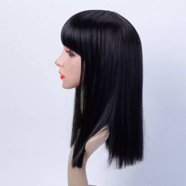 Wig sintetis lurus hitam sebahu wanita