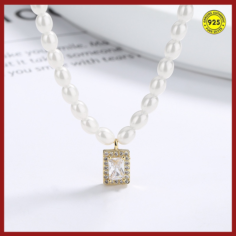 Kalung Rantai Klavikula Desain Twin Aksen Berlian Mutiara Bahan S925 Silver Untuk Perempuan