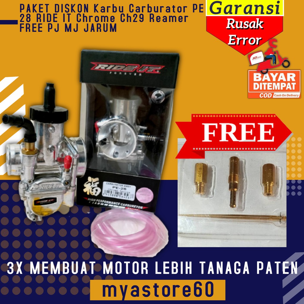 PAKET DISKON Karbu Carburator PE 28 RIDE IT Chrome Ch29 Reamer FREE PJ MJ JARUM Kualitas premium