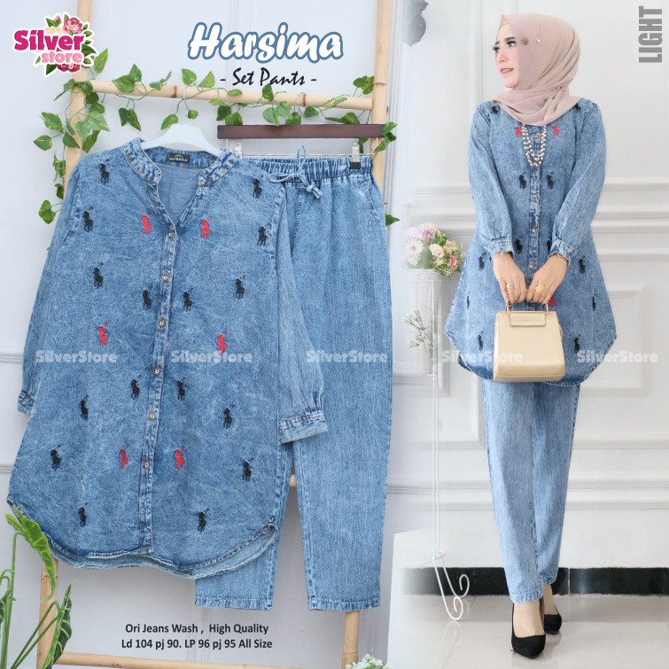 HARSIMA SET PANTS / SETELAN TUNIK DAN CELANA JEANS / ONESET JEANS / OUTFIT CASUAL OOTD KONDANGAN
