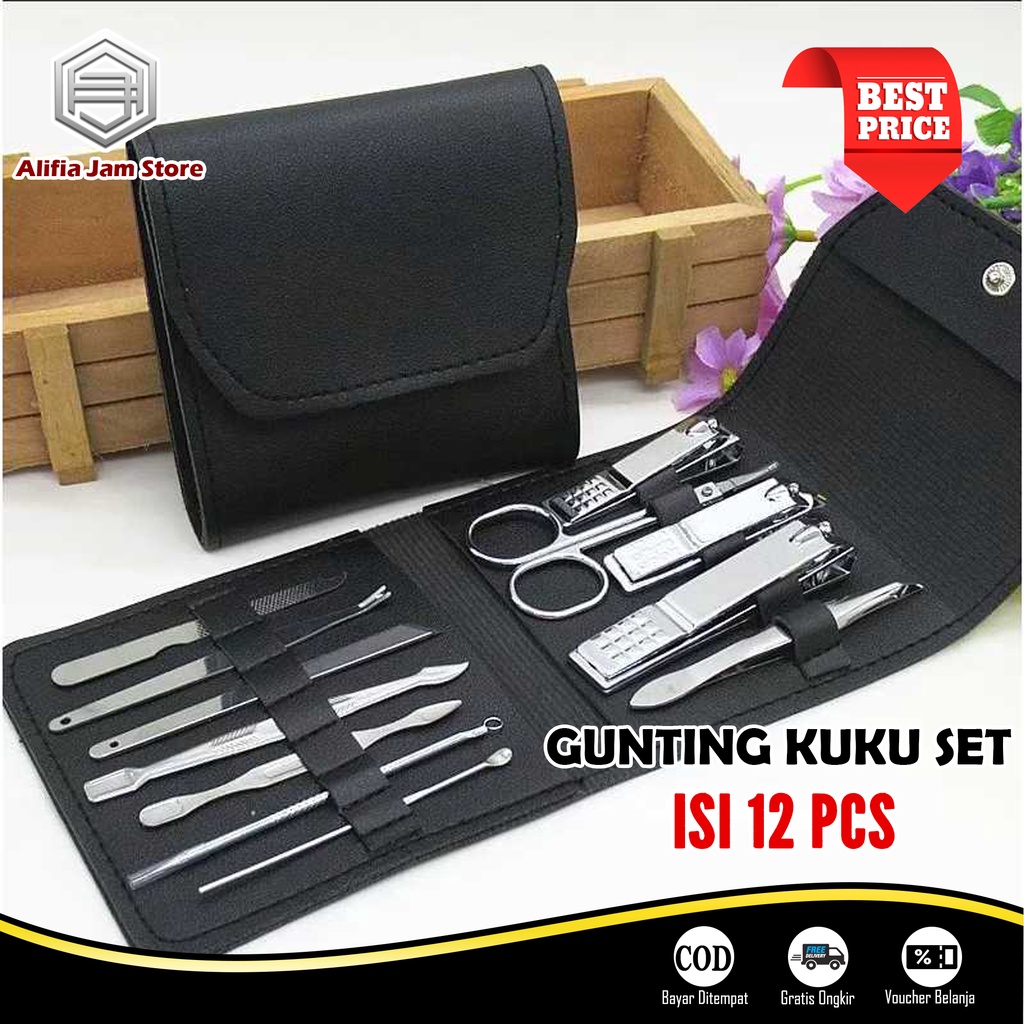 Nail Art Gunting Kuku Set 12 Pcs Perawatan Kuku Stainless Steel Kulit PU Case Manicure Pedicure
