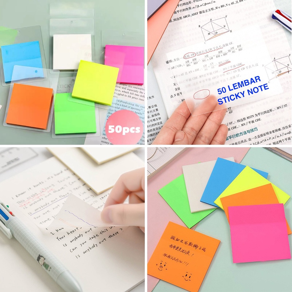 

50PCS Sticky Note Transparan plastik/transparent sticky notes anti Air Fluorescent/Stiker memo bening tempel untuk sekolah kantor