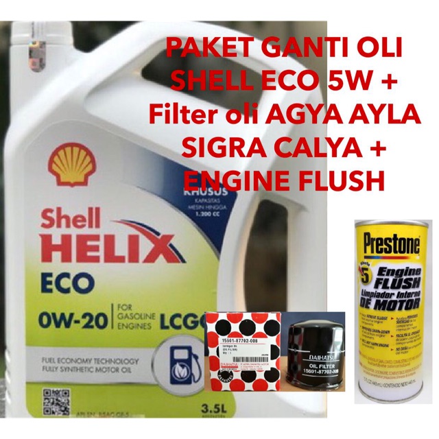 PAKET GANTI OLI SHELL ECO 0w - 20 kemasan 3,5 liter, ENGINE FLUSH dan F OLI AGYA AYLA CALYA SIGRA