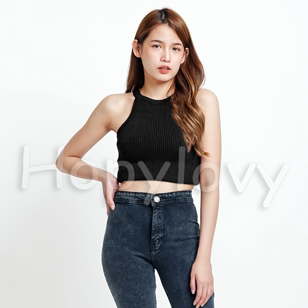 HOPYLOVY Tanktop Wanita Atasan Rajut Halter Kerah Rajut Knit Crop Top Abel