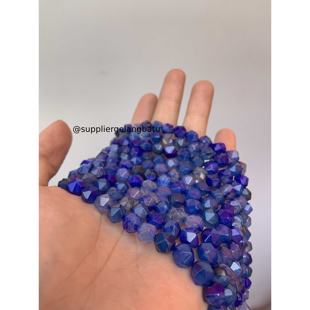 batu faceted hexagon Stone 8mm blue aquamarine biru gelang kalung akik