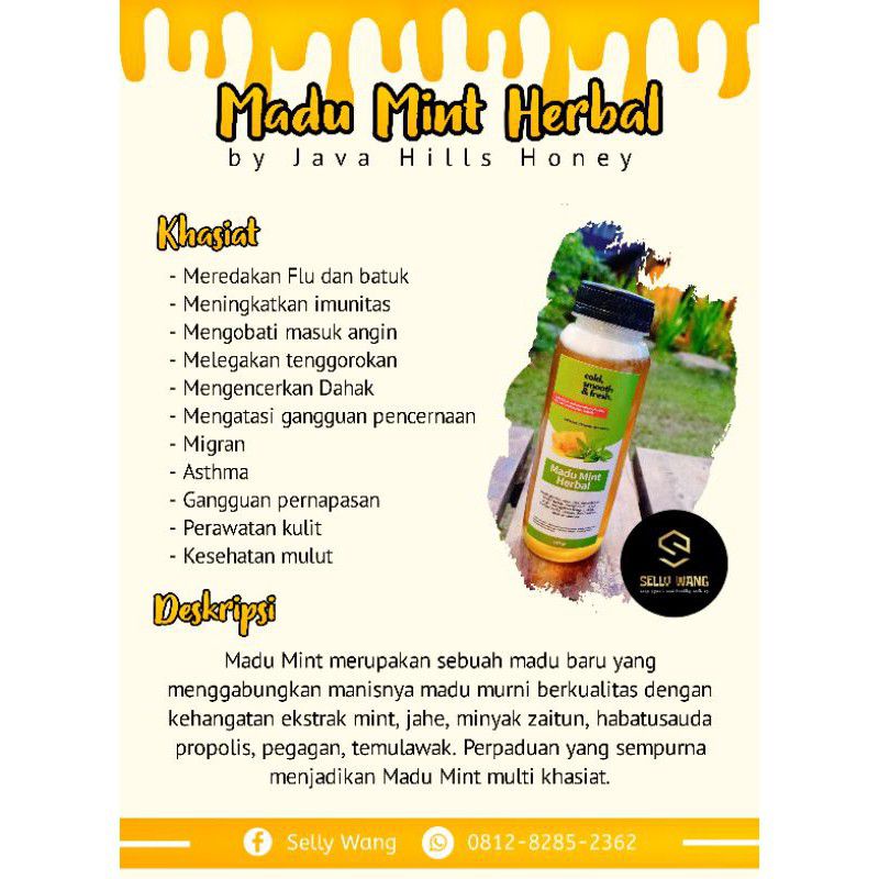 JAVAHILLS GRATIS SENDOK KAYU| MADU MINT HERBAL JAVA HILLS 650gr (untuk batuk, pilek, masuk angin,dsb)