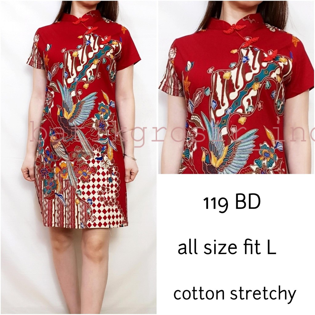 DRESS 119 BD DRESS BATIK  CHEONG SAM MOTIF BURUNG  HONG  