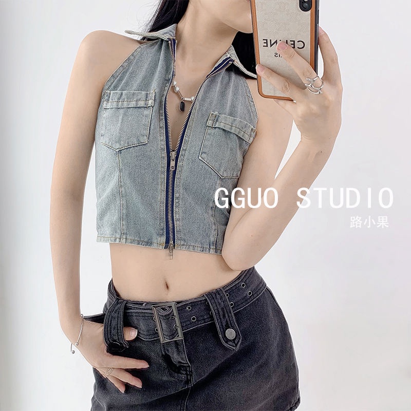 Red Eropa dan Amerika hot girls zipper halter denim kamisol pakaian luar wanita seksi kerah terbuka kembali pendek rompi kecil top