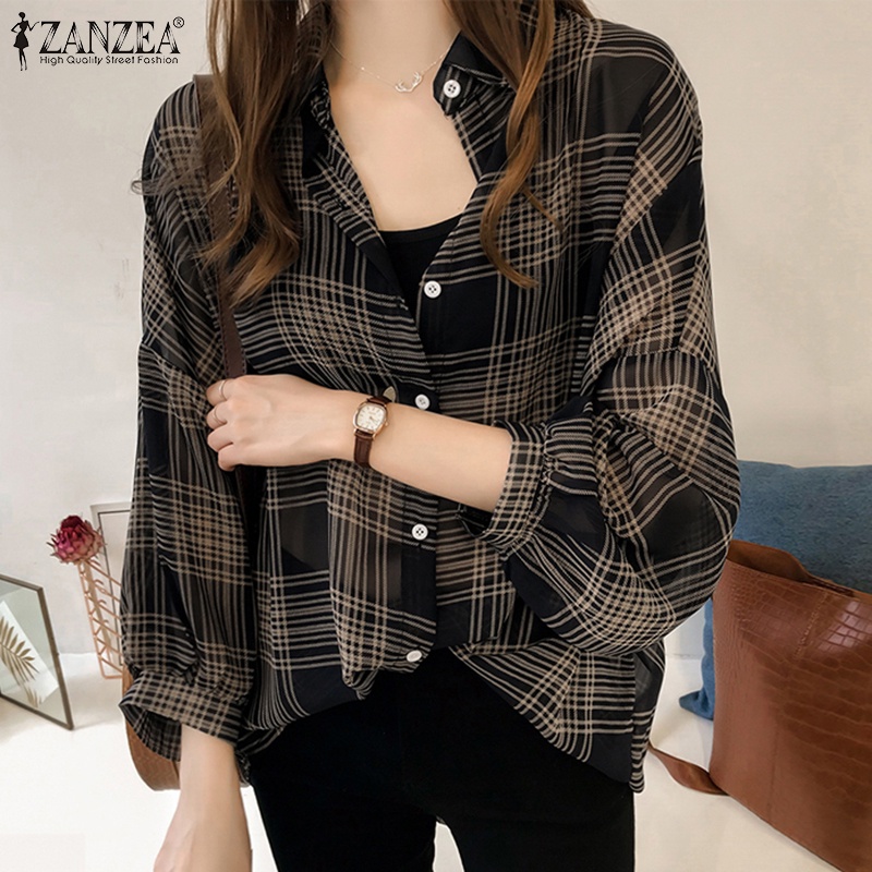 ZANZEA Women Long Sleeve Blouses Casual LooseSummer Autumn Plaid Work Shirt