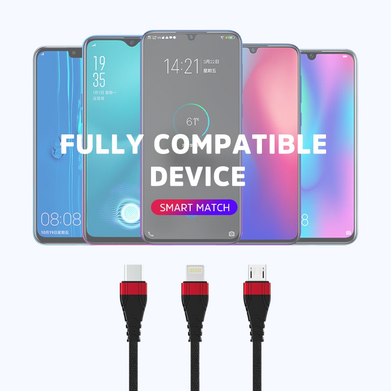 Kivee Kabel 3-IN-1 Android Micro USB Type-C IOS Apple Samsung Iphone Fast Charging CH062