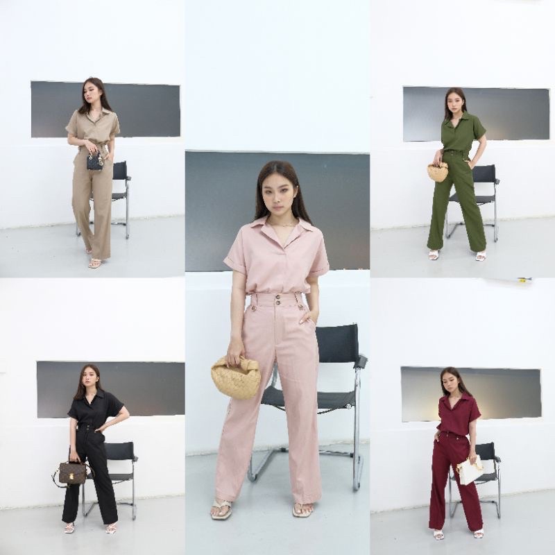 kode 3445 setelan wanita set atasan baju cewek top crop celana panjang katun linen nyaman adem kerja