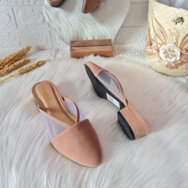 Bryan Axora Mules Style Heels 3cm Suede Beludru Hak Tahu Jala Nyaman Transparant Basic Bustong