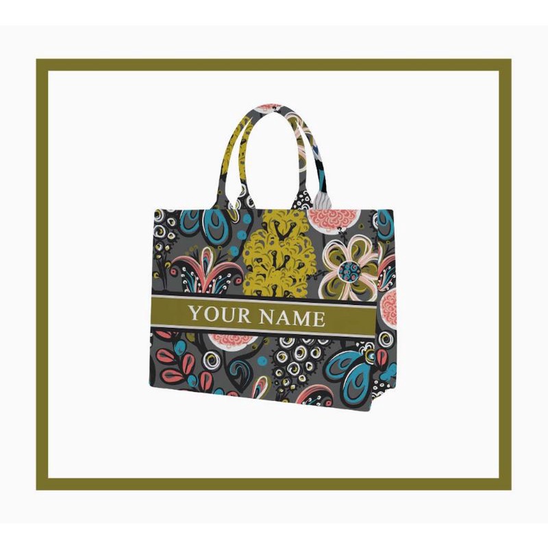 Tas Custom Print Motif Floral Bunga Abstrak Hijau Abu