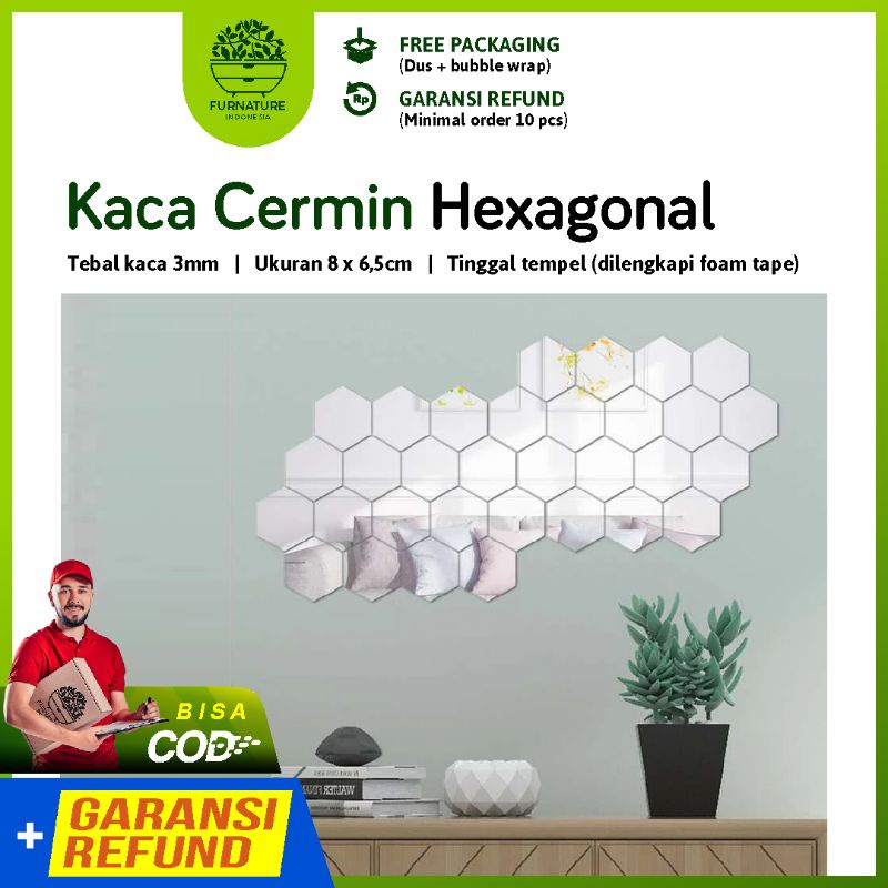 Kaca Cermin Hexagonal 3mm ukuran 8 x 6,5cm
