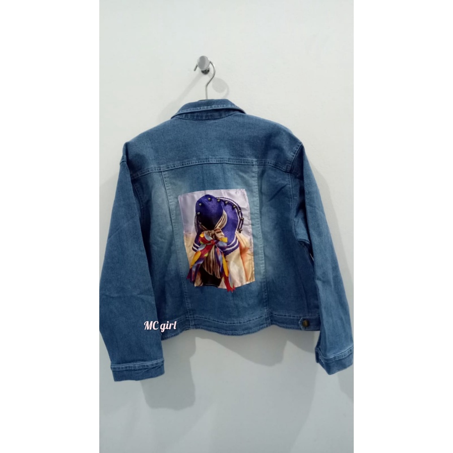 MC girl - Jaket Jeans Gambar Belakang Wanita / Jacket Denim Polos Sequin Gambar Pita 3D Cewek