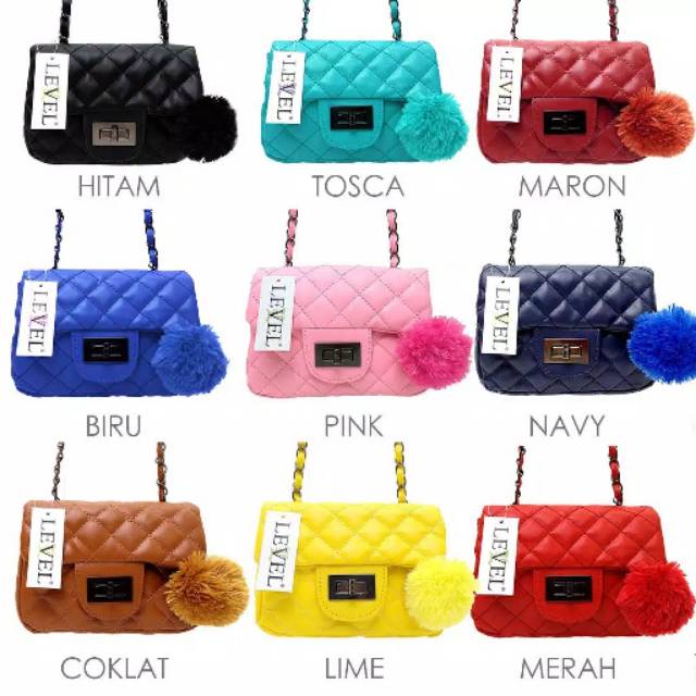 FASHIONSTOREKU TAS LEVEL MINI FREE POMPOM SLINGBAG fashion wanita impor batam