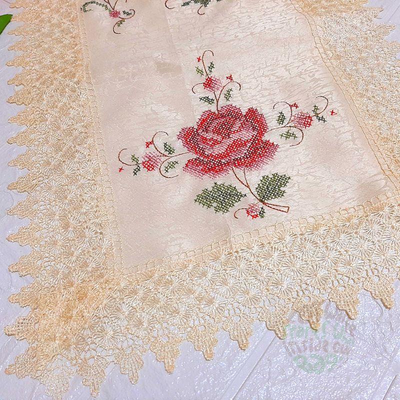 Taplak Meja Tamu Sulam Strimin Renda 40x90 cm Table Runner Vintage Table Cloth Cross Stitch