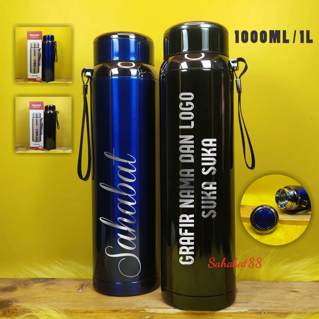 Termos Mini Stainless Steel 1000ml/600ml Custom Desain Grafir Nama dan Logo Tumbler Sport Tali 1L