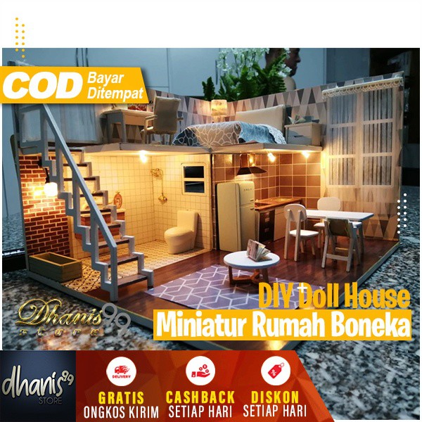 Miniatur Rumah Boneka DIY Lucu Rumah Rumahan Barbie Mainan Anak Perempuan Wooden Doll House Unik