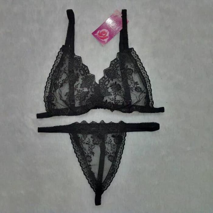 Terbaru Bra Set Wanita Sexy Transparan Hitam Bunga Kecil 8366