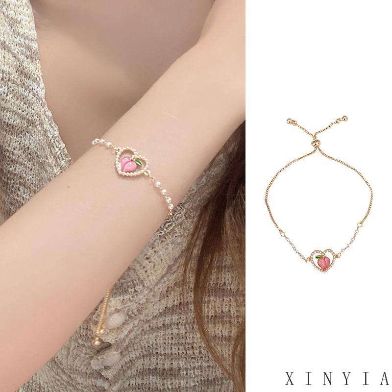 【Bayar di tempat】Gelang Tangan Rantai Wanita Desain Hati Hollow Hias Mutiara Warna Pink Peach Gaya Korea