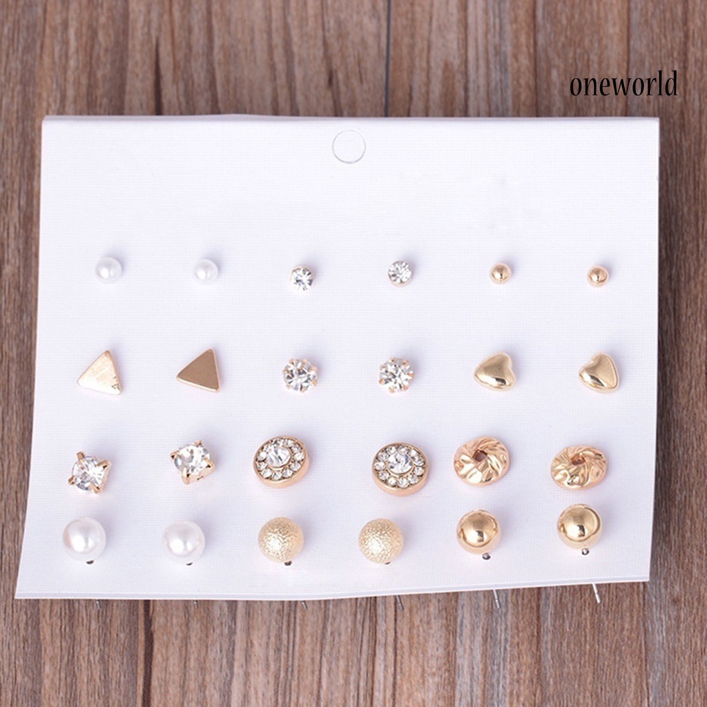 OW@ 12 Pairs Ear Studs Various Shape Rhinestone Women Earrings for Party