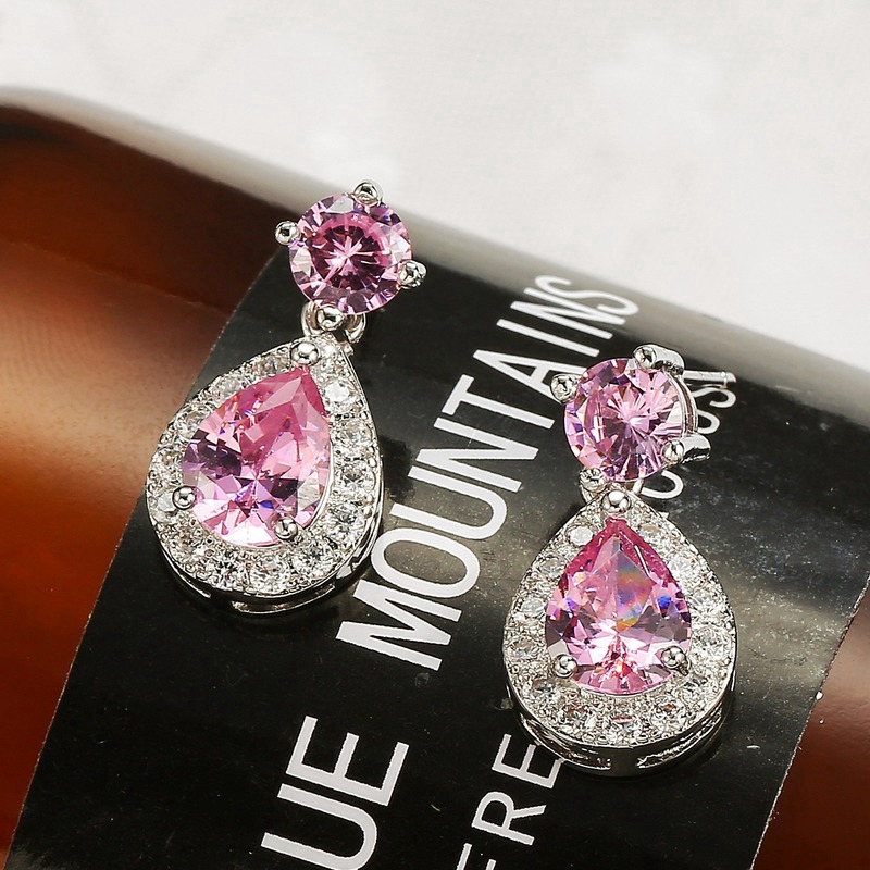 Fashion Diamond Stud Anting-Anting Merah Muda Kristal Telinga Perhiasan