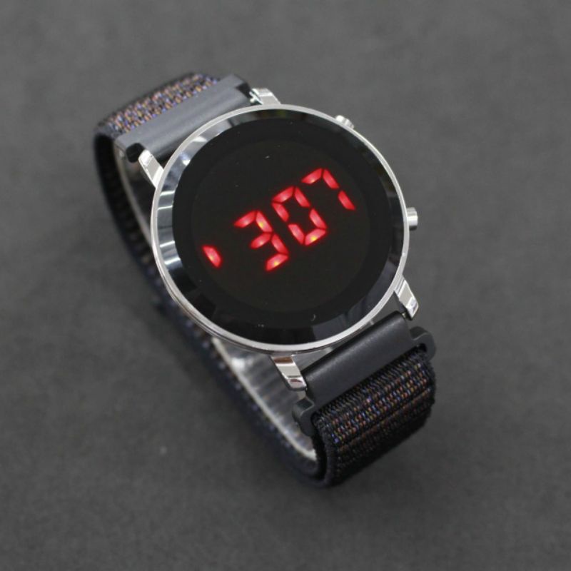 Jam Led kanvas bulat free gift box-Hitam KNV BLT SIL