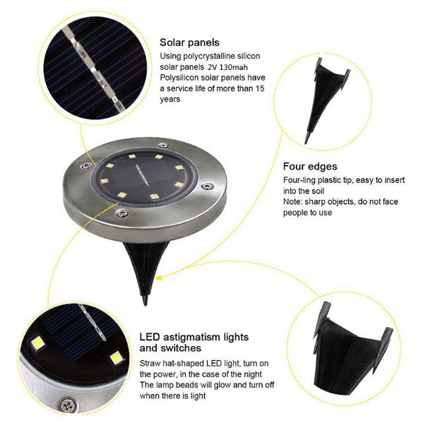 Lampu LED Jalan Taman Solar Outdoor 8 LED Anti Air Ditanam