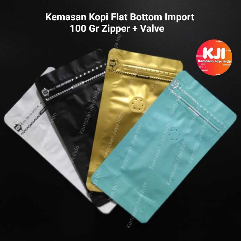 Kemasan Kopi Flat Bottom Import 100 gr Zipper n valve. kemasan kopi. flat bottom hitam putih tosca g