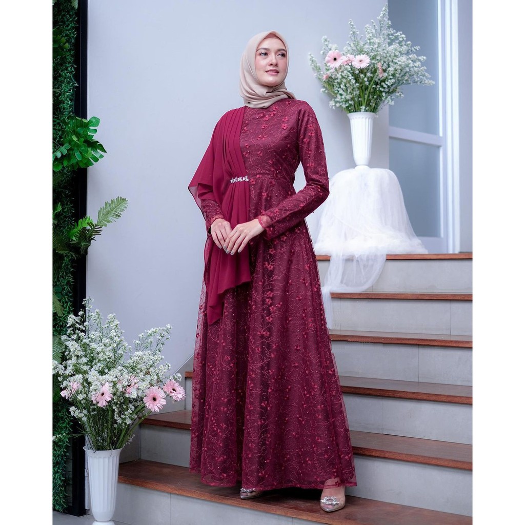 Exclusive Raya Dress Helena Tulle mix Payet Ceruty Gamis Gamis Brokat Tille Mutiara Dress Brokat Terbaru Gamis Brokat Lebaran-1