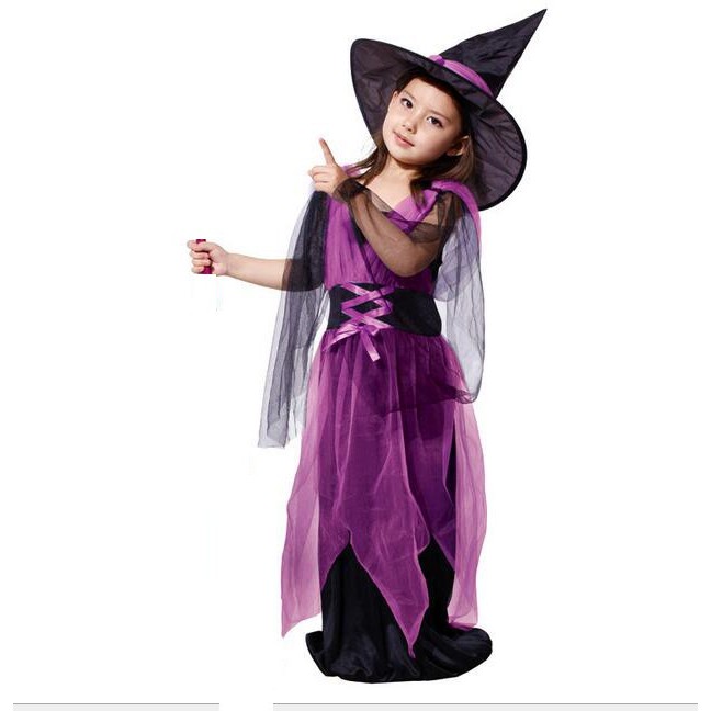 witch girl halloween costume purple panjang XL TB 130cm-140 cm
