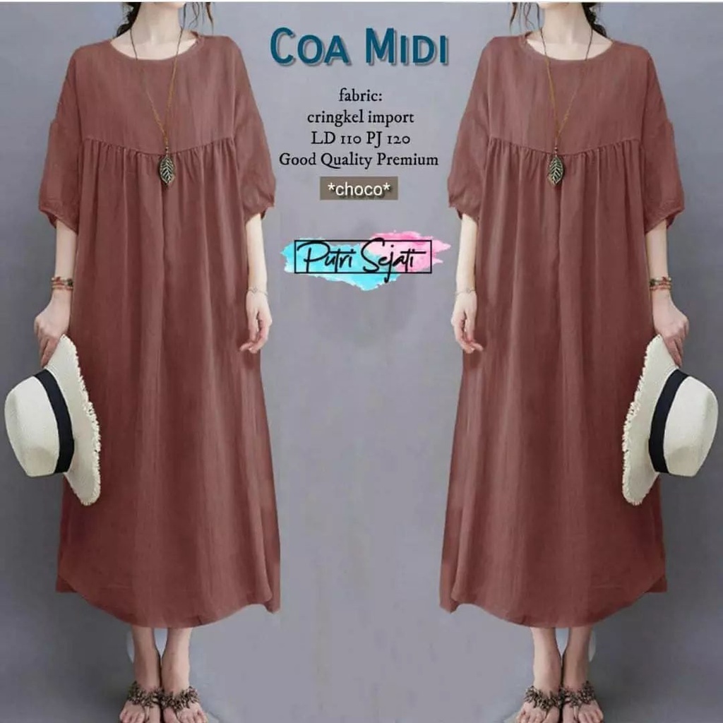 COA MIDI DRESS BL CRINKLE LD 110 CM PB 120 CM Midi Dress Rayon Bahan Adem Baju Gamis BAJU DRES WANIT