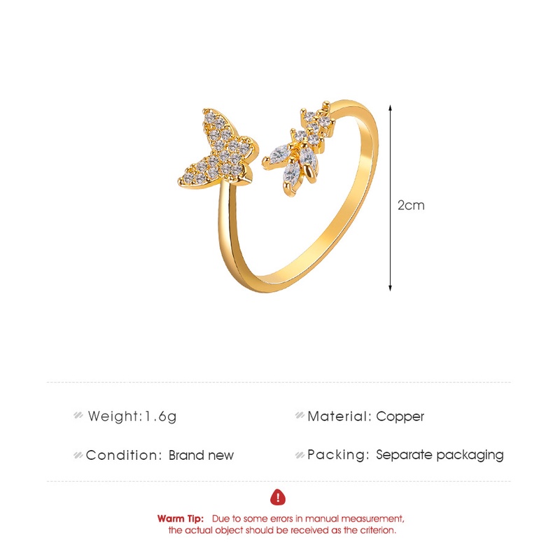 Ins Simple Butterfly Open Ring Wanita Diamond Adjustable Ring