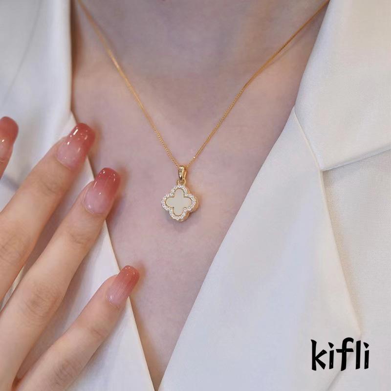 Kalung Rantai Liontin Daun Clover Hias Kristal Zircon Mewah Untuk Wanita (KD)