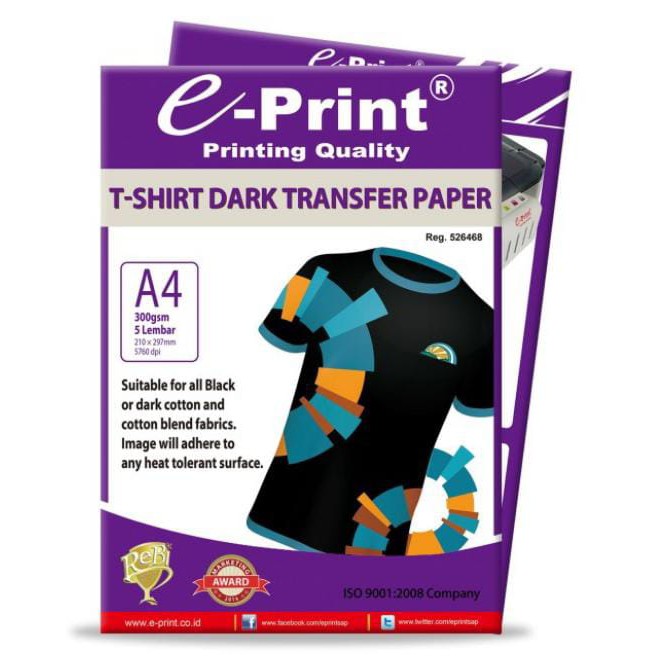 

e-Print T-Shirt Transfer Paper Dark A4 -Kertas Print Sablon 5 Lembar