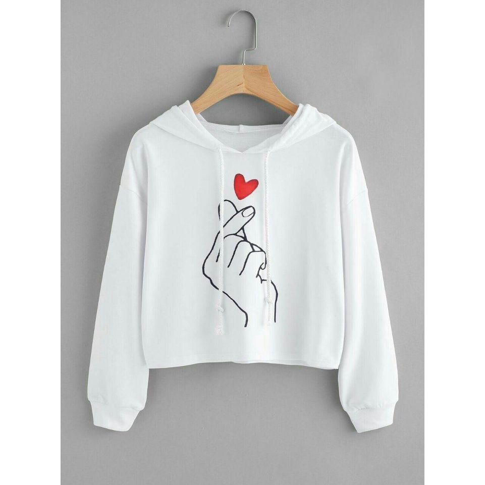 Parisdivarious Sweater Crop Hoodie Jemper Love Hand Bahan Fleece Size S - L