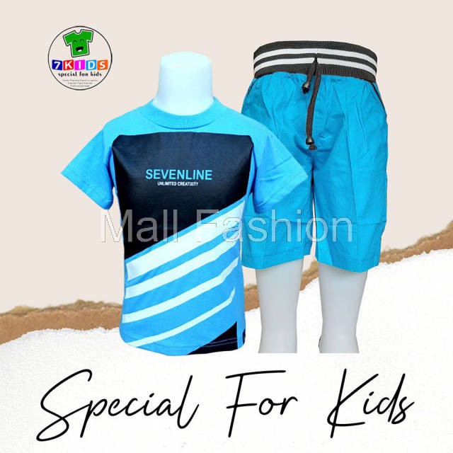 Mall Fashion - 7kids/ Setelan Anak Cowok Laki Kaos Distro Biru size 3-12 tahun TerMurah