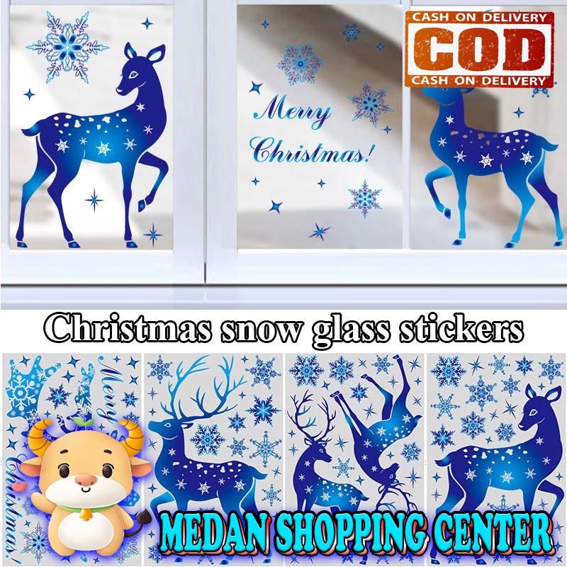 MSC Stiker Jendela Kaca Natal Christmas Blue Elk Electrostatic Glass Window Sticker Ornament / Snowf