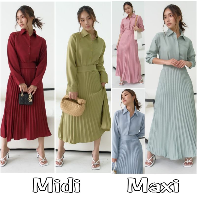 ❣️SPECIAL PRICE ♡ PREMIUM ♡ ORIGINAL ! SAPHIRE 2 IN 1 SET LONG SLEEVE SHIRT +  PLISKET PLEATED MIDI atau MAXI FLARE SKIRT / SETELAN KEMEJA LENGAN PANJANG &amp; ROK PLISKET RAMPLE ( HIJAB &amp; BUSUI FRIENDLY )