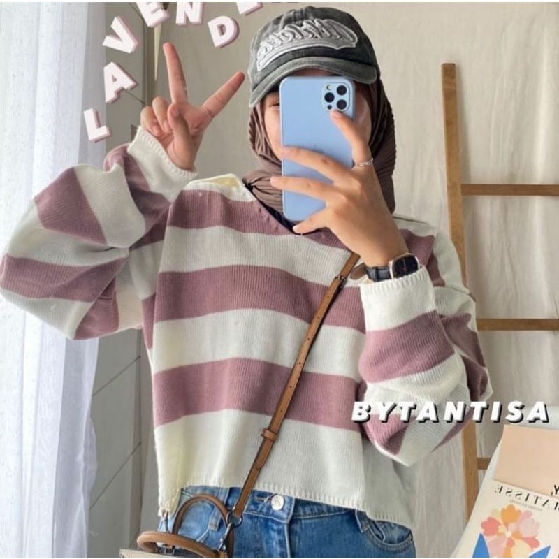 [BISA COD] Crop Rajut Alda Strip / Sweater Fuji Rajut Motif Garis / Thania Blaster Sweater / Tebal Blaster Thania / Polo Stripe Rajut / Crop Fuji / Fuji Crop Top Stripe