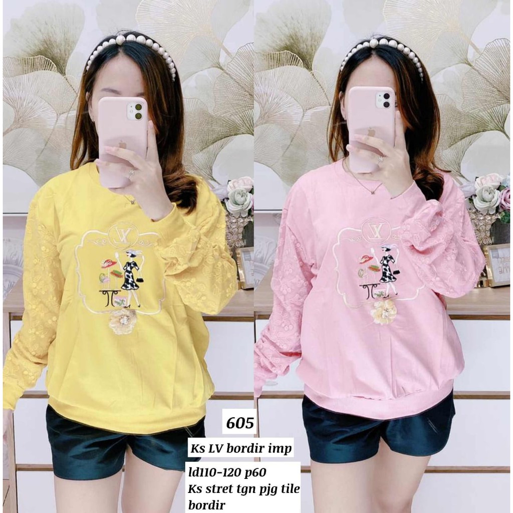 ATASAN KAOS OBLONG WANITA IMPORT PREMIUM TANGAN PANJANG LV LOUIS VUITTON 605