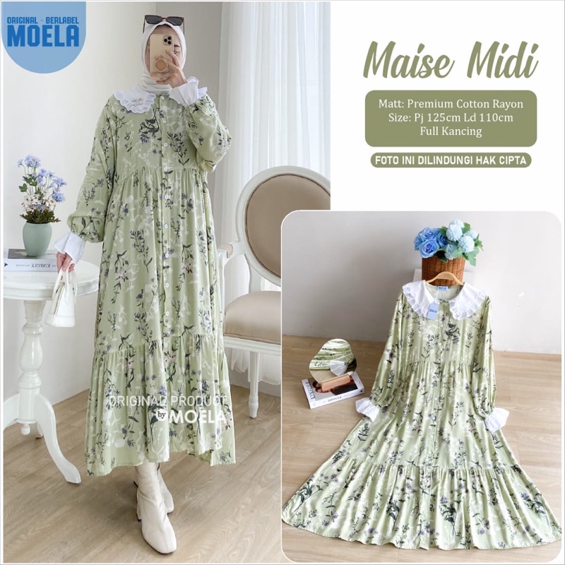 Midi Dress Motif Rayon Full Kancing Maise / Viren / Wisni / Zisan Midi Original by Moela