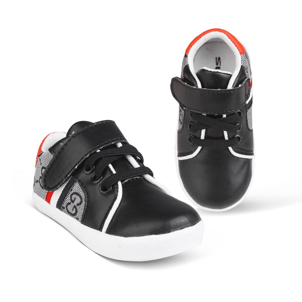 sepatu anak unisex usia 1 2 tahun lentur velcro dan tali GC HITAM