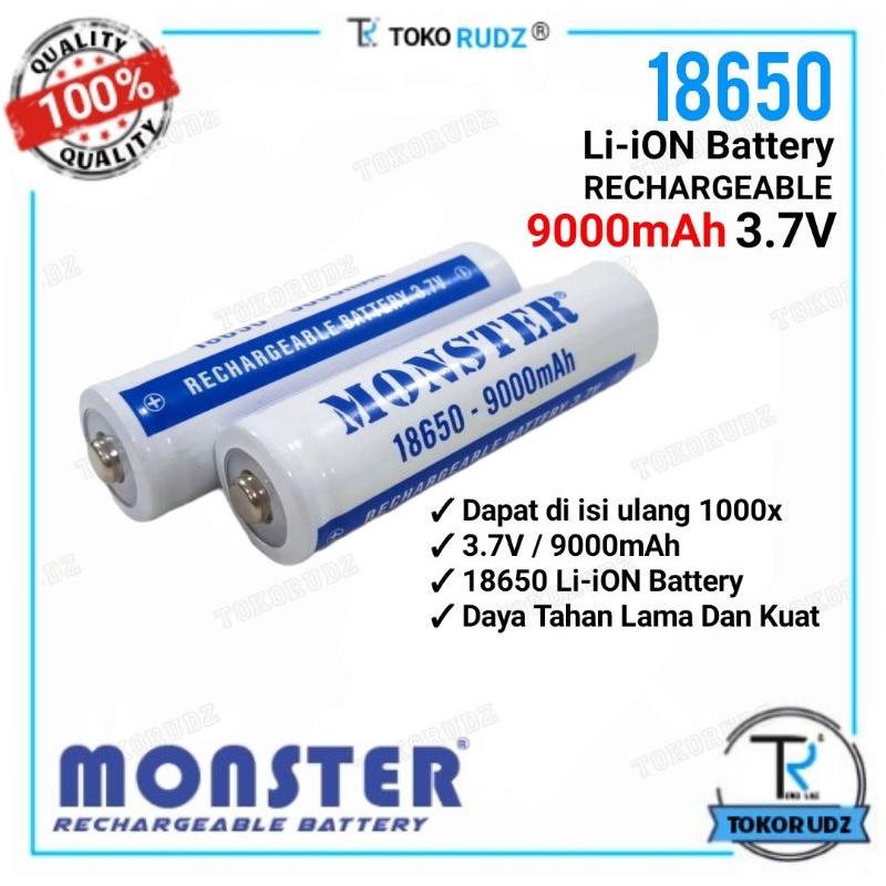 Baterai 18650 3.7V 9000mAh MONSTER Batre Li-ion Cas Isi Ulang Senter Kipas Powerbank