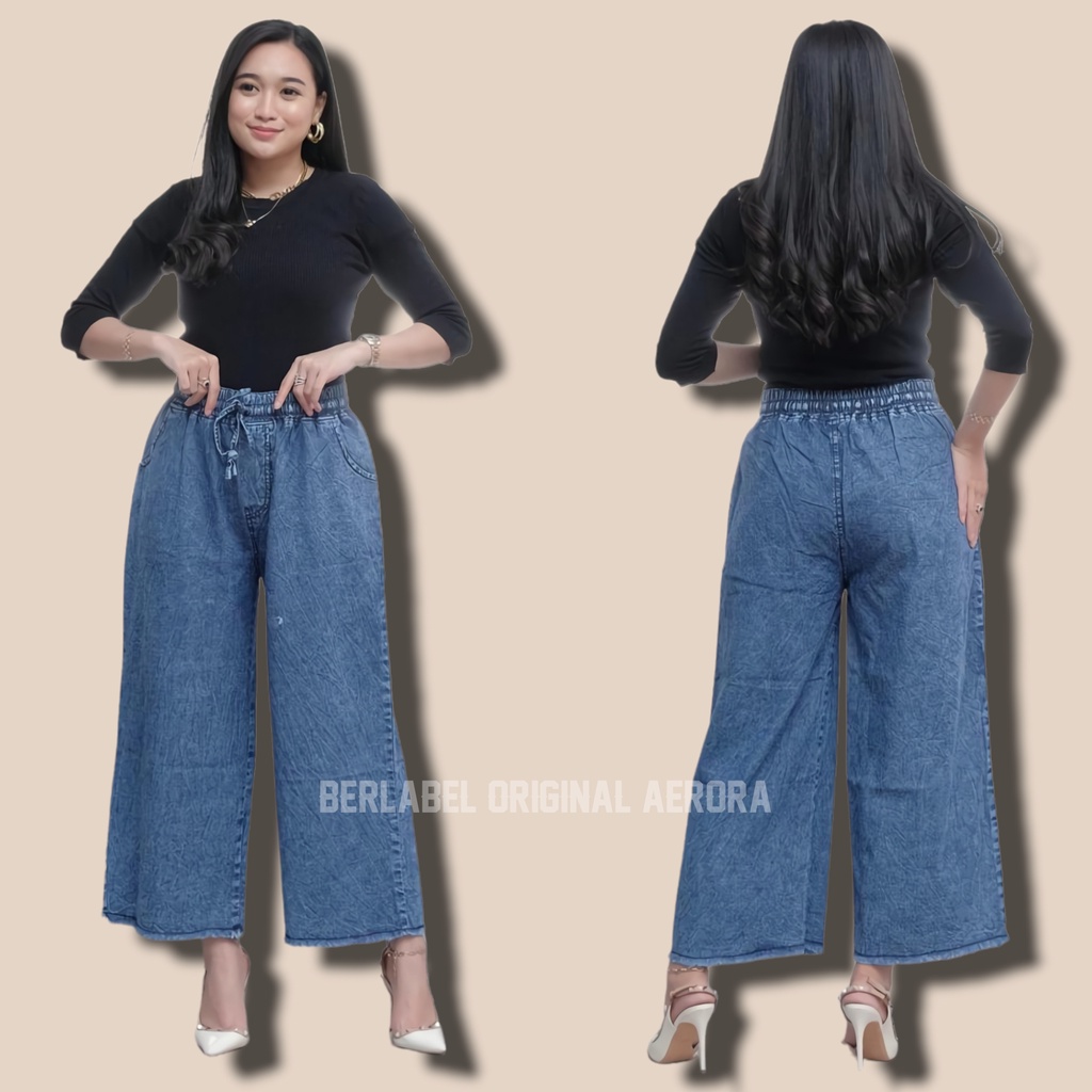 Celana Panjang Boyfriend Jeans Kulot Wanita Jumbo Palazzo Pinggang Karet Lp 85-110 P 95 Allsize