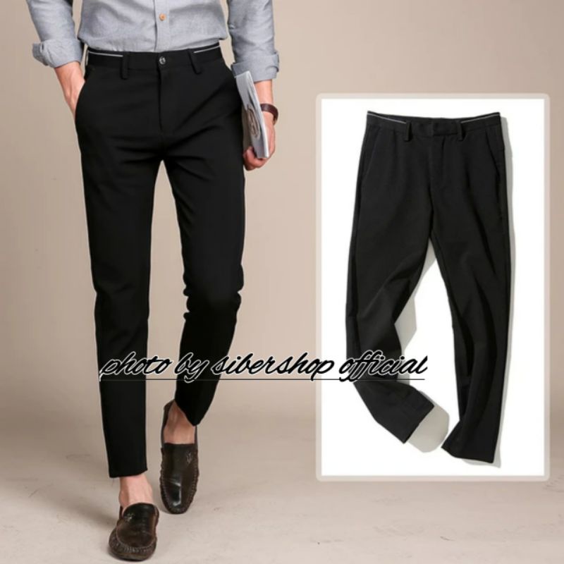 Celana Bahan Formal Kerja Kantoran Pria Slimfit Warna Hitam